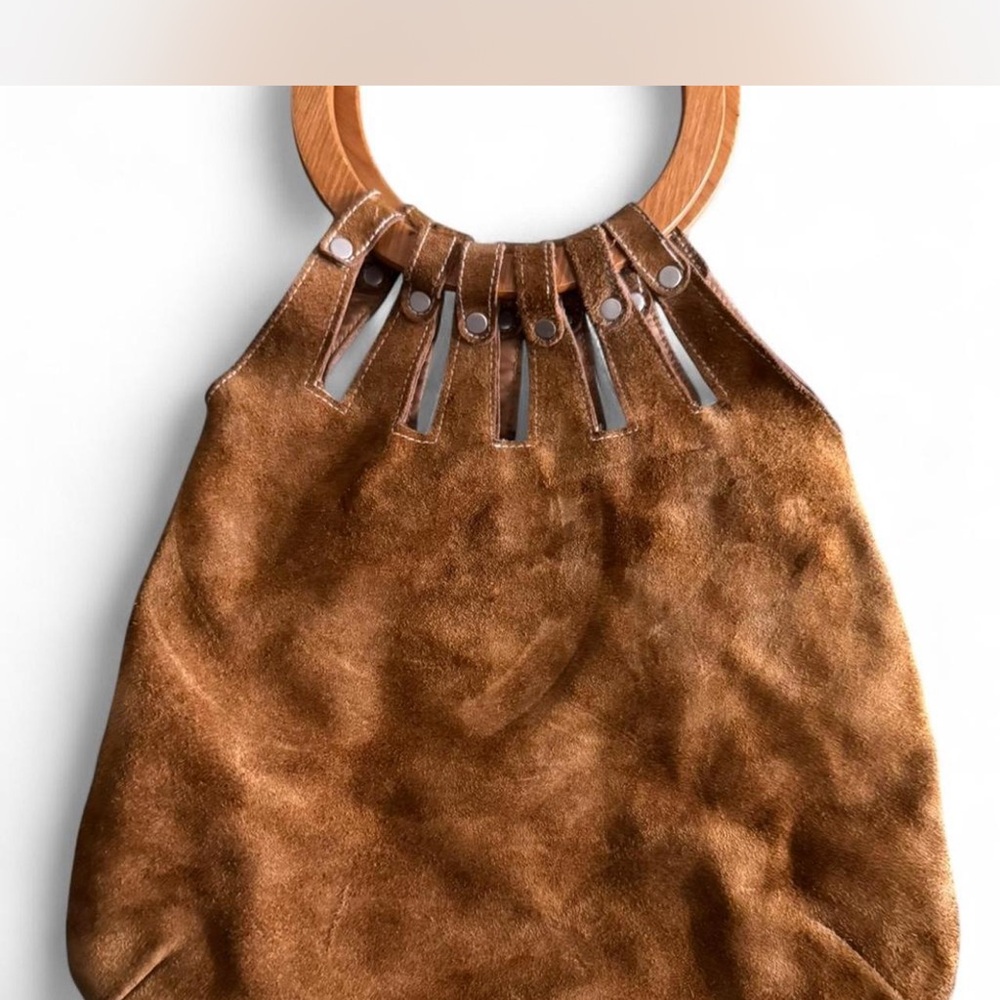 Brown Suede Women's Bag with Wooden Handle